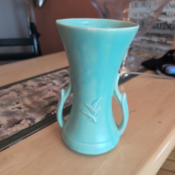 McCoy Turquoise double handled vase blue green antique pottery 1930s 1940s